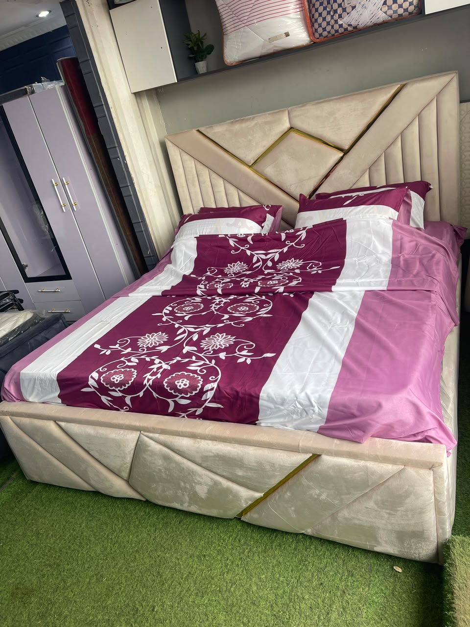 Designer Upholstered Bed with Geometric Headboard